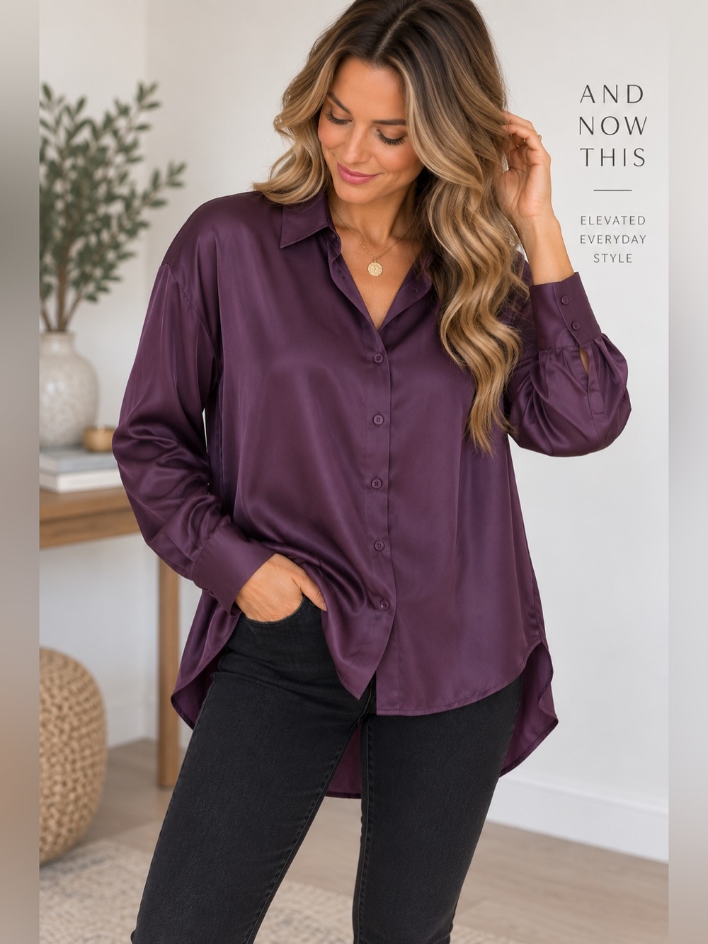 338 And Now This Purple Satin Button Down Blouse Medium Oversized Hi Low Shirt